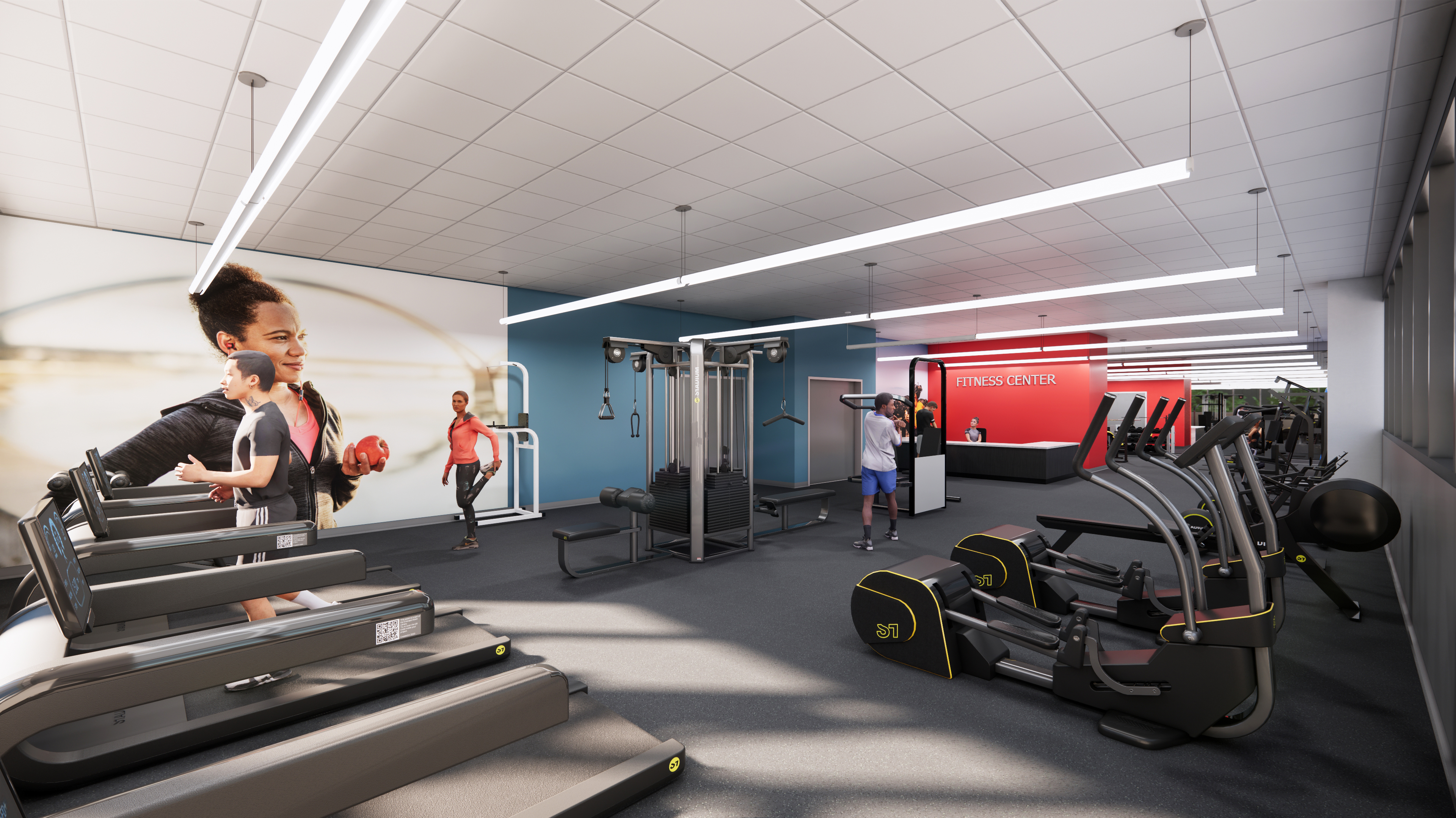 Rendering of a fitness center with fitness equipment
