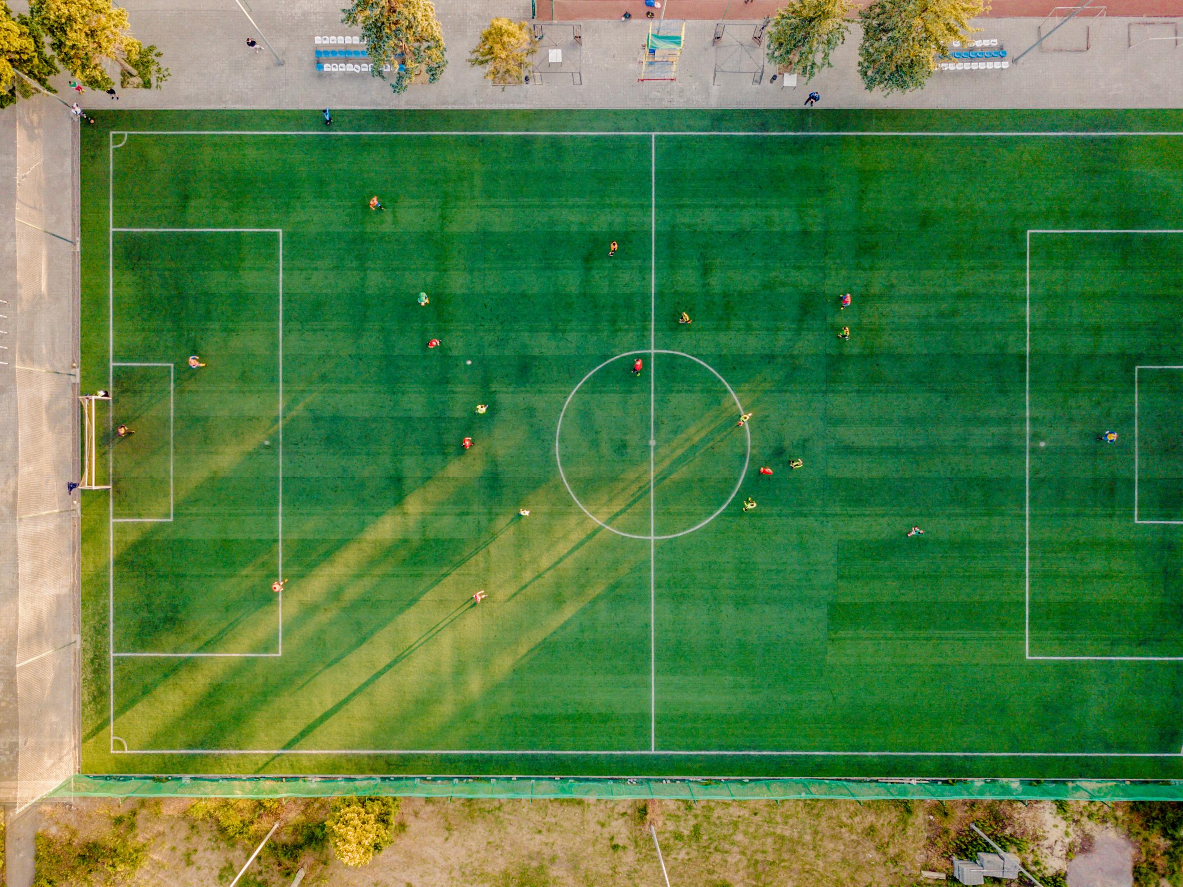 Overhead view of a soccer pitch