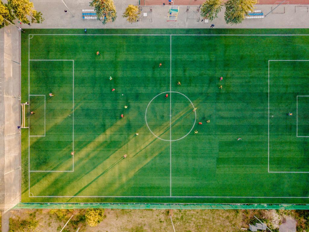 Overhead view of a soccer pitch