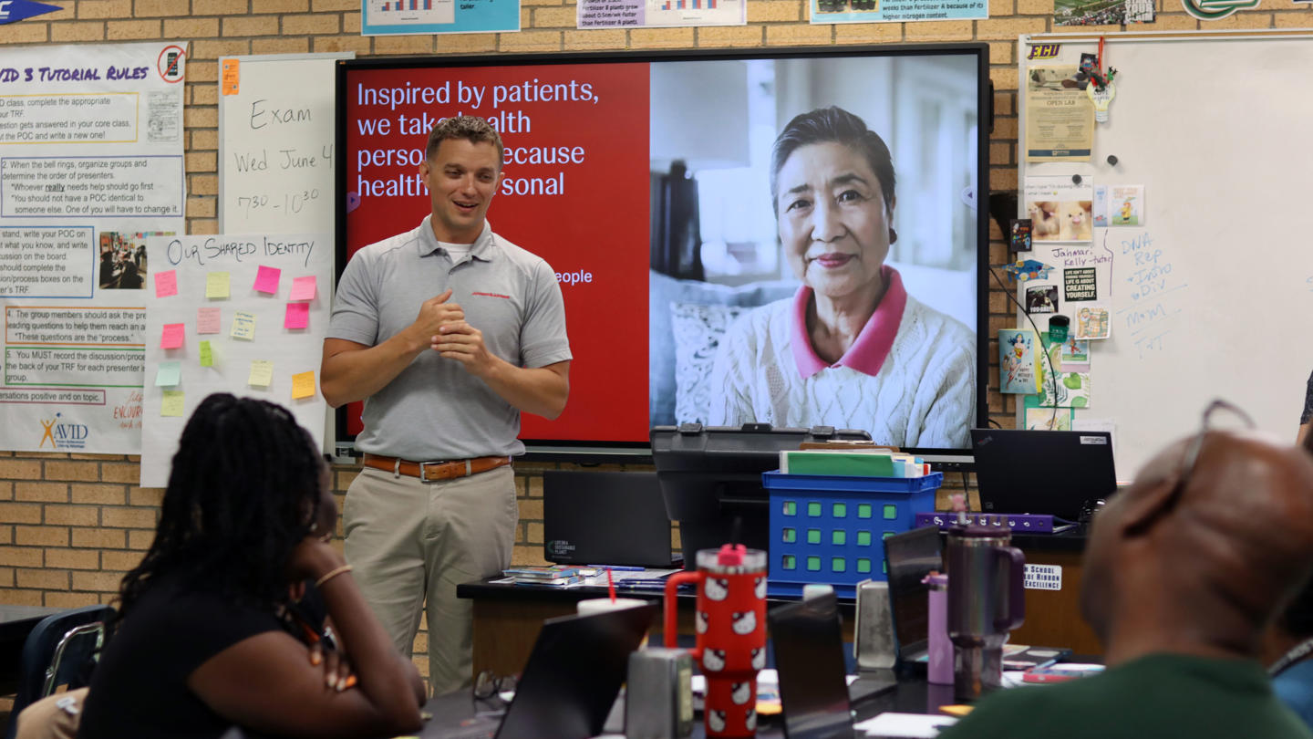 Pete G., the General Manager of our $2 billion biologics manufacturing facility in Wilson, North Carolina, speaks to seated coworkers