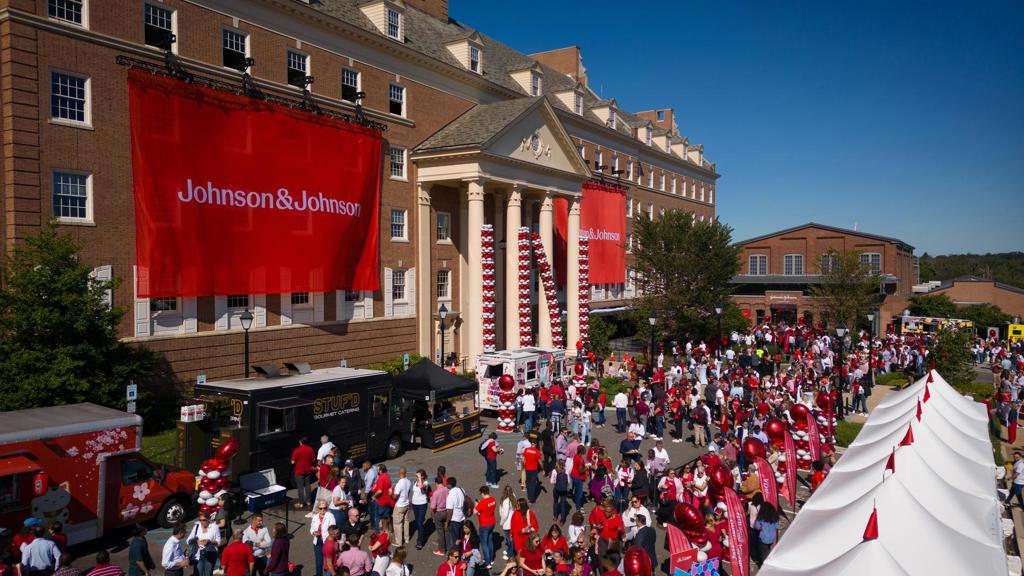 J&J employees gathered outside of J&J world headquarters in New Brunswick, NJ USA
