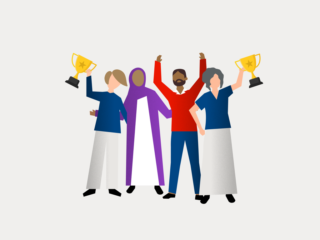 Illustration of diverse men and women holding trophies